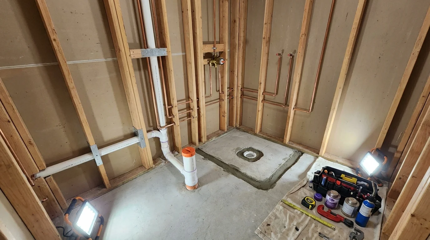 Bathroom rough-in plumbing during remodel by Johns Plumbing LLC in Douglass