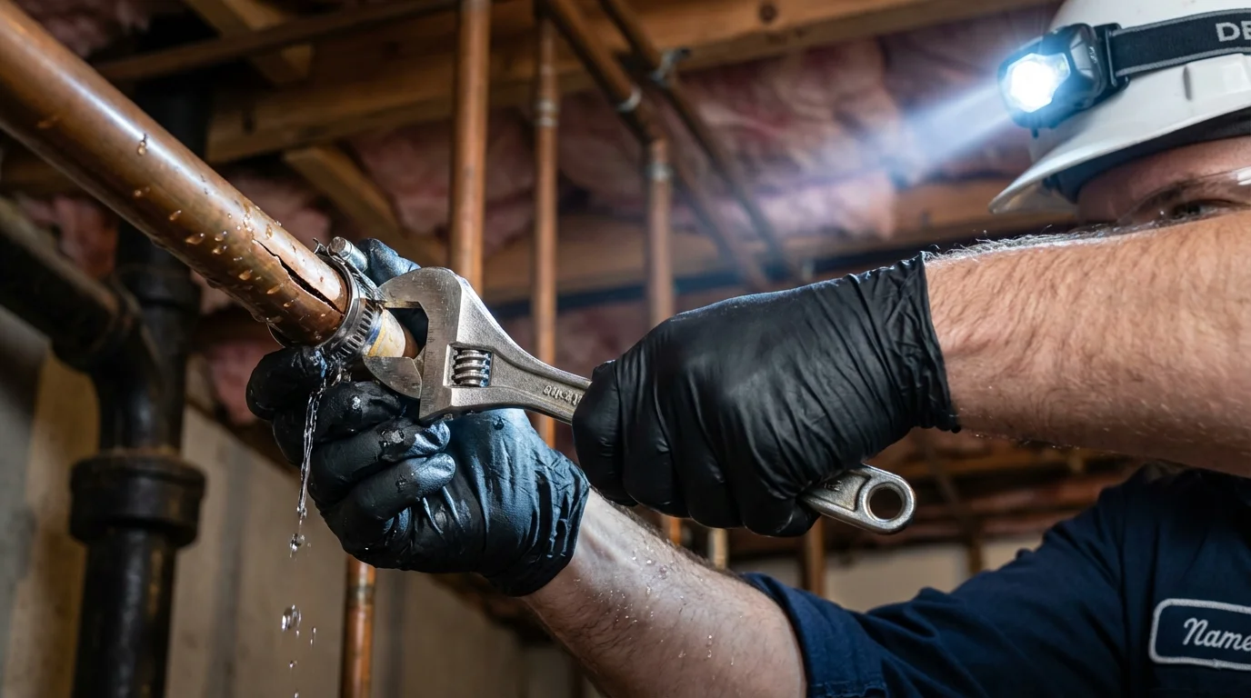 Emergency pipe clamp repair being performed by a Johns Plumbing LLC plumber in Douglass