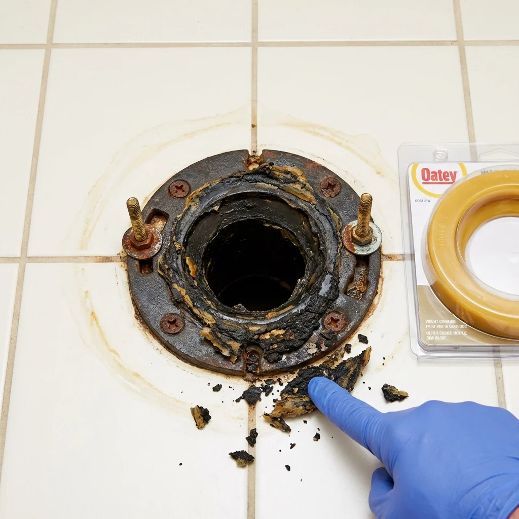 Failed wax ring showing water seepage at the base of a toilet in a Douglass, KS home