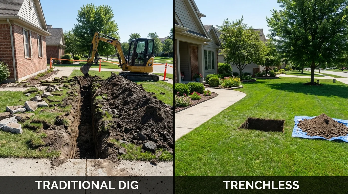 Trenchless sewer repair with minimal yard damage versus traditional excavation in Douglass, KS