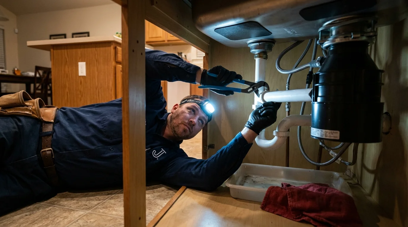 P-trap and supply line connections under a kitchen sink showing a common leak point in Douglass, KS